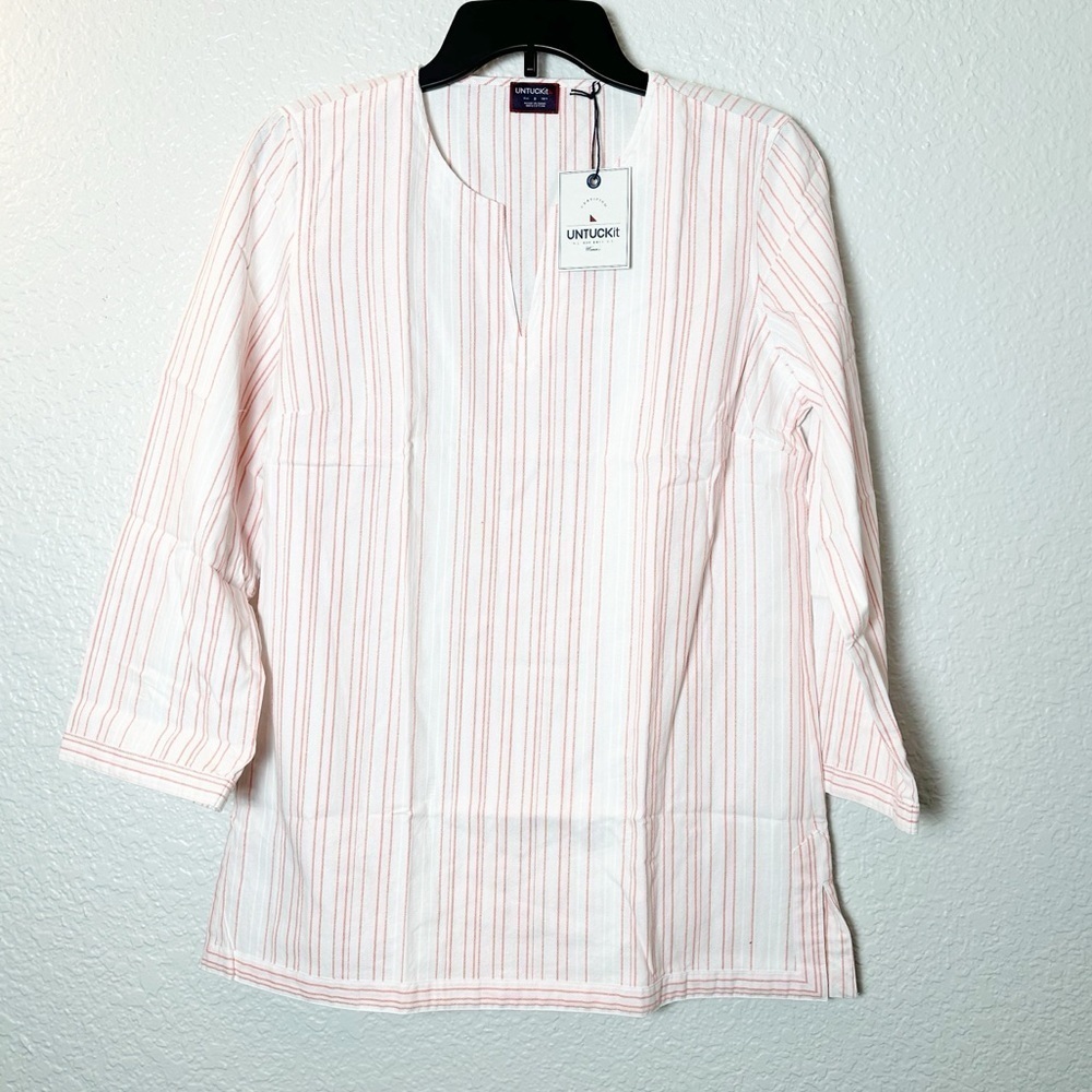 NWT UNTUCKIT Durfort Top White Pink Striped Tunic Blouse